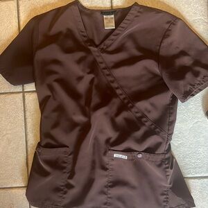 Cherokee silky chocolate brown scrub top. Adjustable waist with tie szS